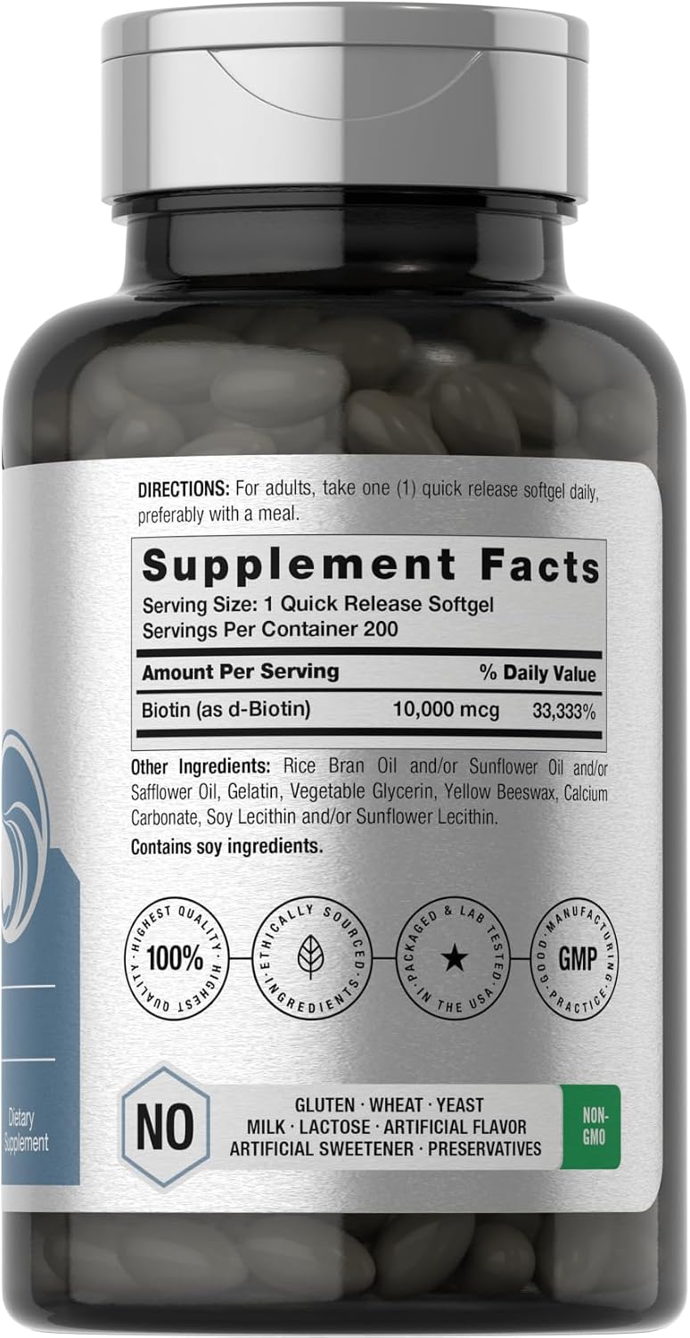 Horbäach Biotina 10.000 mcg - 200 Cápsulas Blandas - Suplemento de Biotina con Vitamina B7