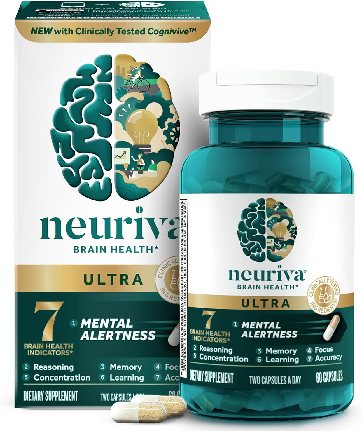 NEURIVA Ultra Decaf Suplemento Nootrópico para Memoria, Concentración y Enfoque, 60 Cápsulas (2 Paquetes)