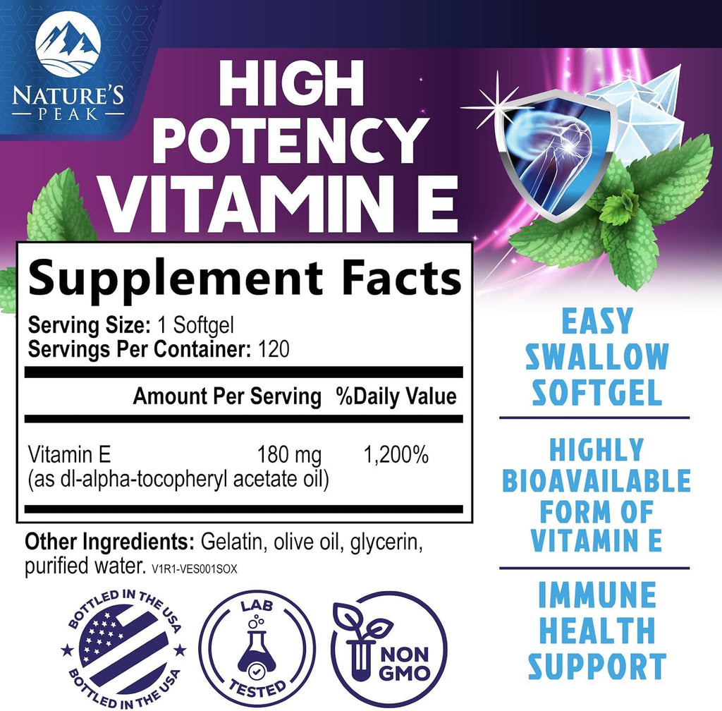 Vitamina E (DL-alfa-tocoferol) 180 mg por dosis - Cápsulas blandas - Apoyo antioxidante para piel, corazón e inmunidad - 120 cápsulas