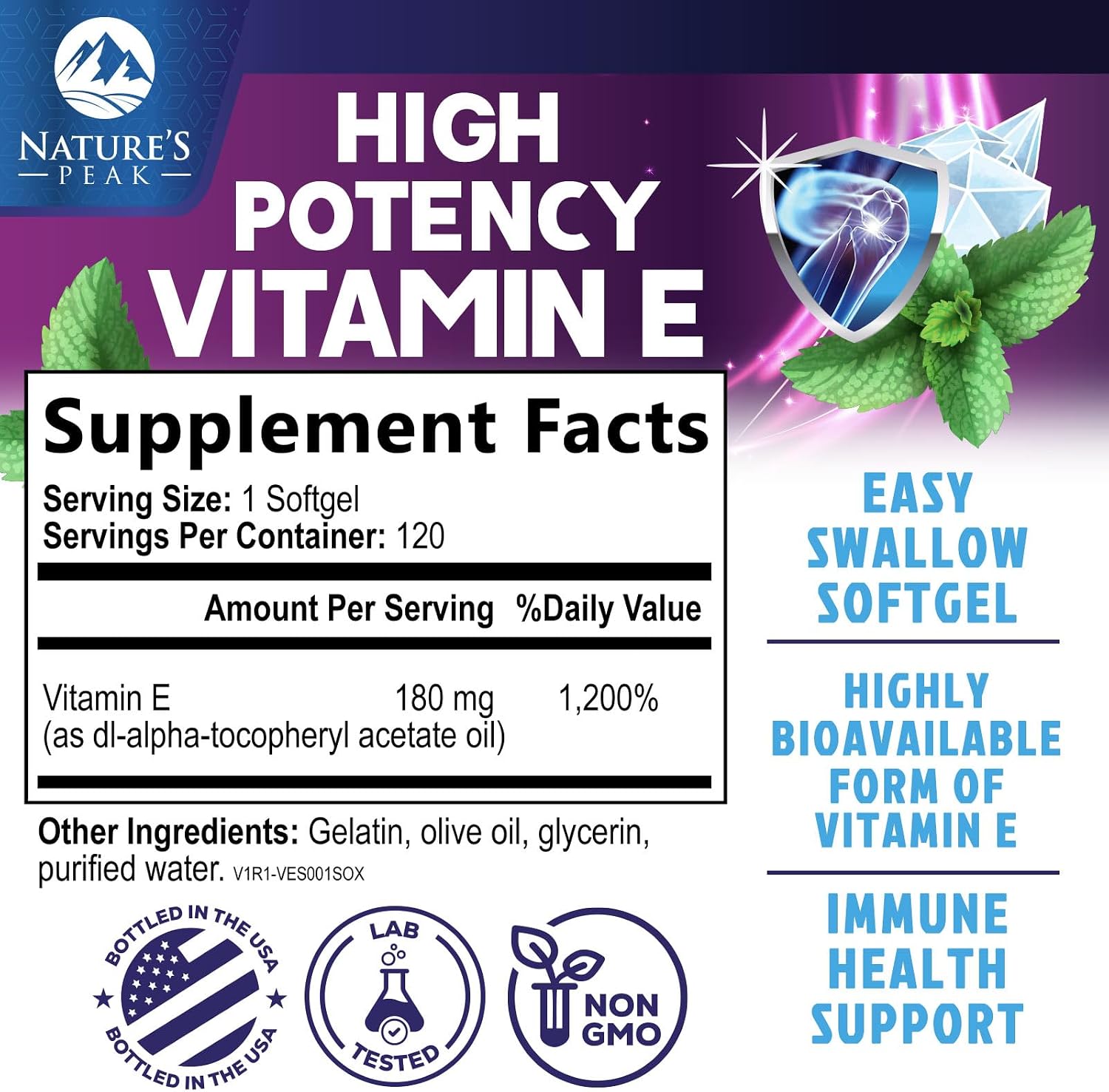 Vitamina E (DL-alfa-tocoferol) 180 mg por dosis - Cápsulas blandas - Apoyo antioxidante para piel, corazón e inmunidad - 120 cápsulas