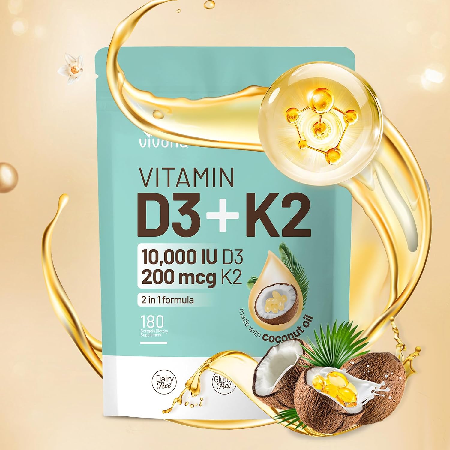 VivoNu Vitamina D3 K2 10000 UI con MK-7 - 300 Cápsulas Blandas con Aceite de Coco Virgen
