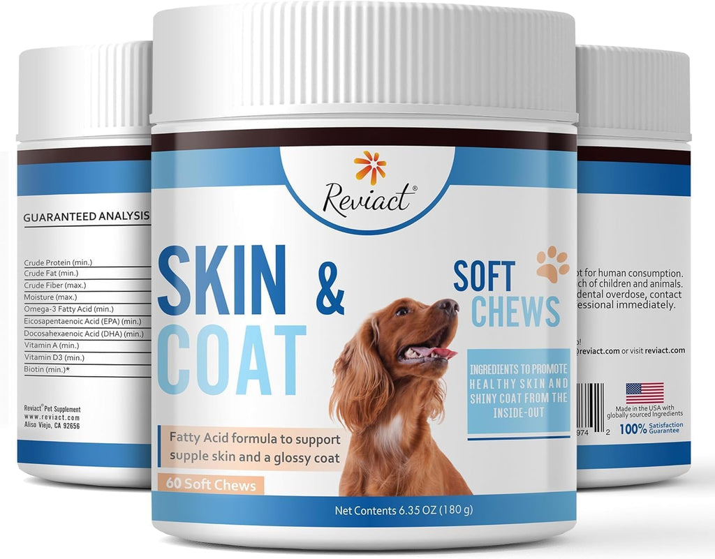 Reviact Complemento para Piel y Pelaje para Perros - Masticables de Aceite de Pescado Omega 3 con DHA, EPA y Biotina, 60 Unidades