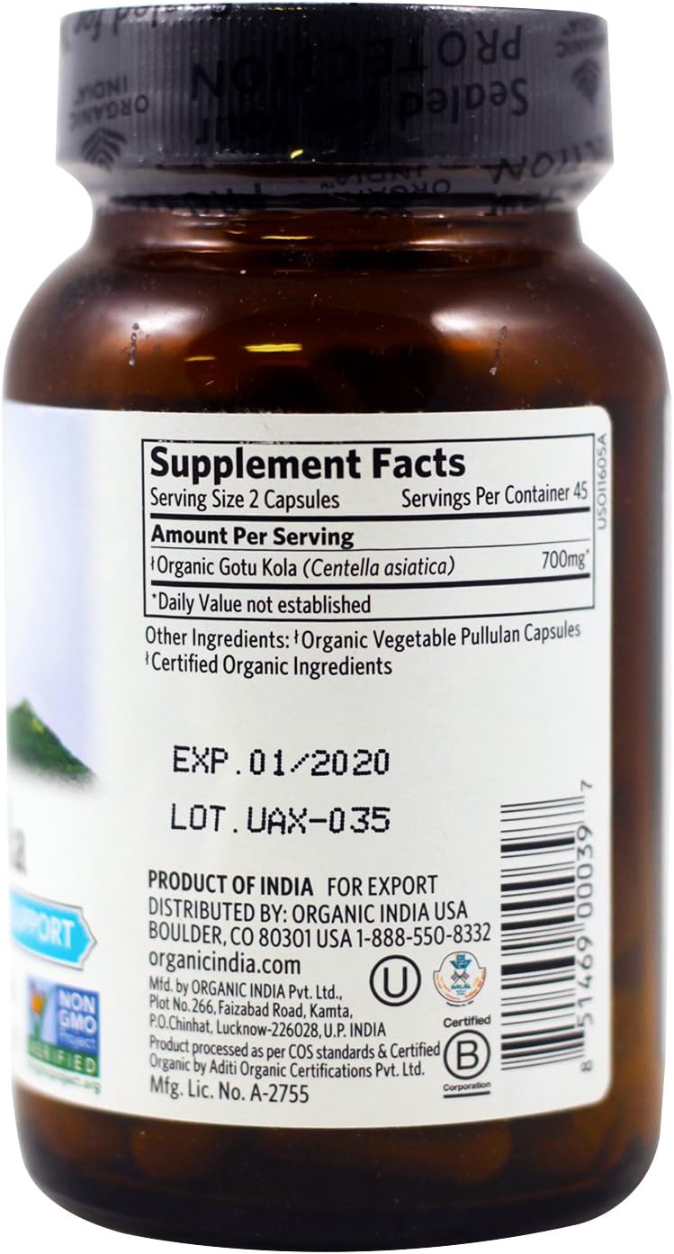 ORGANIC INDIA Gotu Kola - Apoyo Cerebral y del Sistema Nervioso, 90 Cápsulas Vegetales