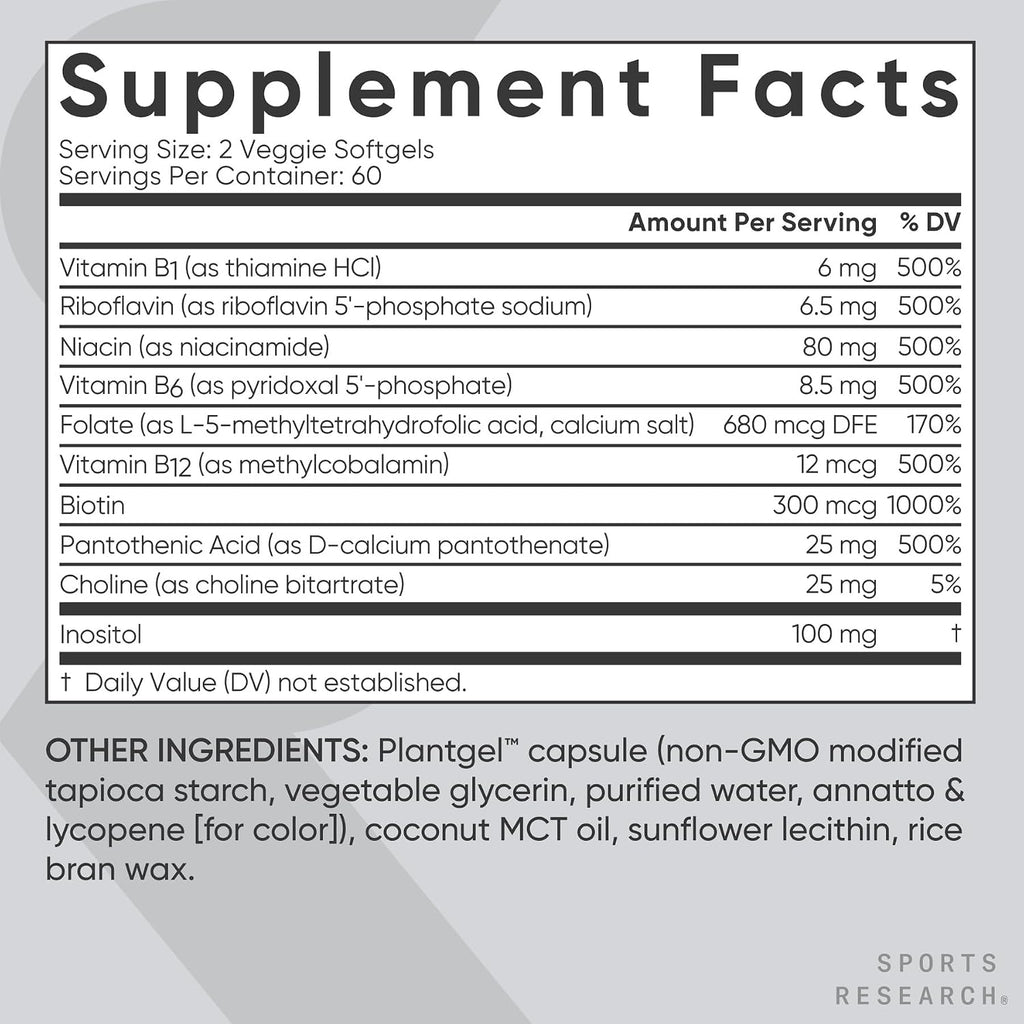 Sports Research Vitamin B-Complex - Complejo B completo con B12 metilada y folato - 120 cápsulas blandas veganas