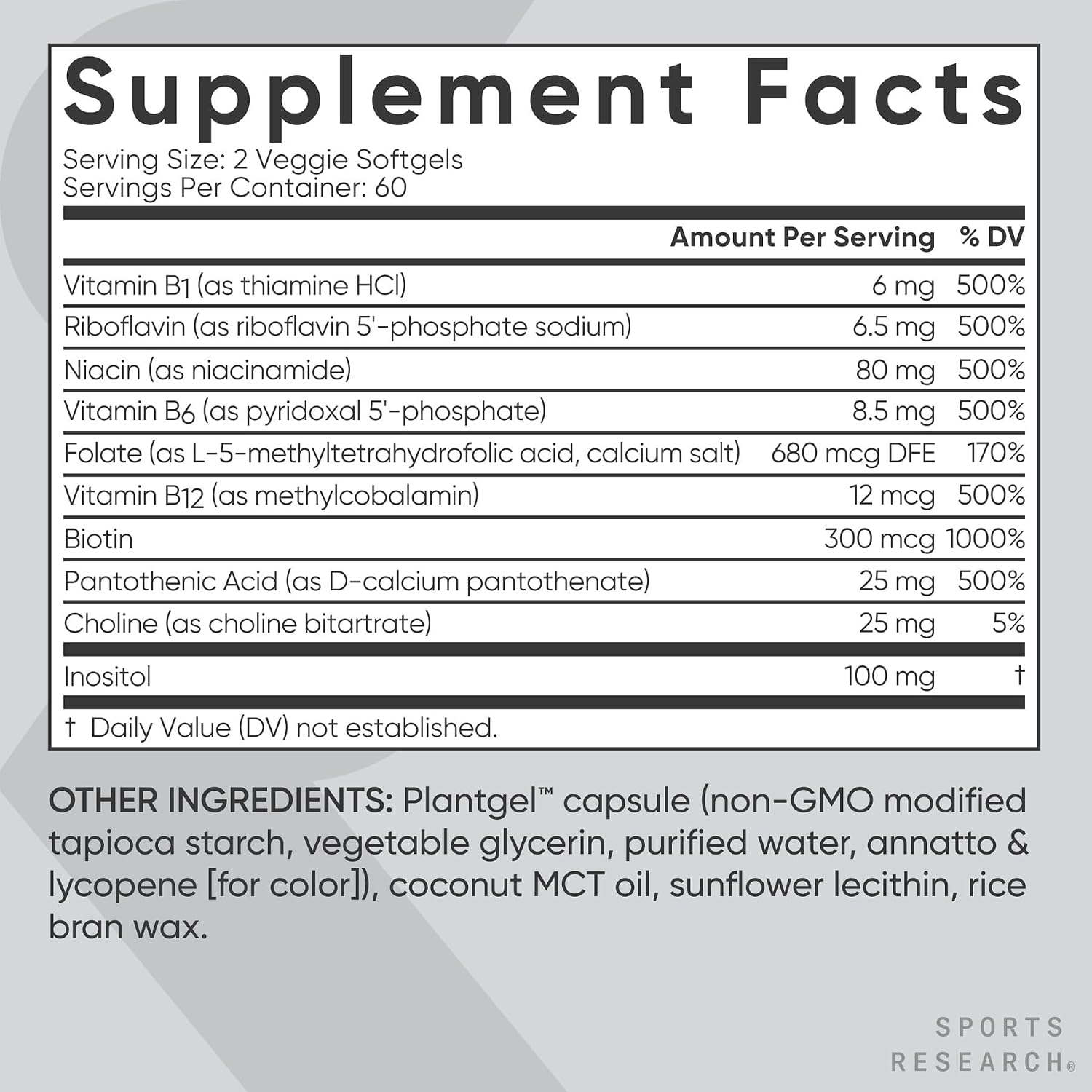 Sports Research Vitamin B-Complex - Complejo B completo con B12 metilada y folato - 120 cápsulas blandas veganas