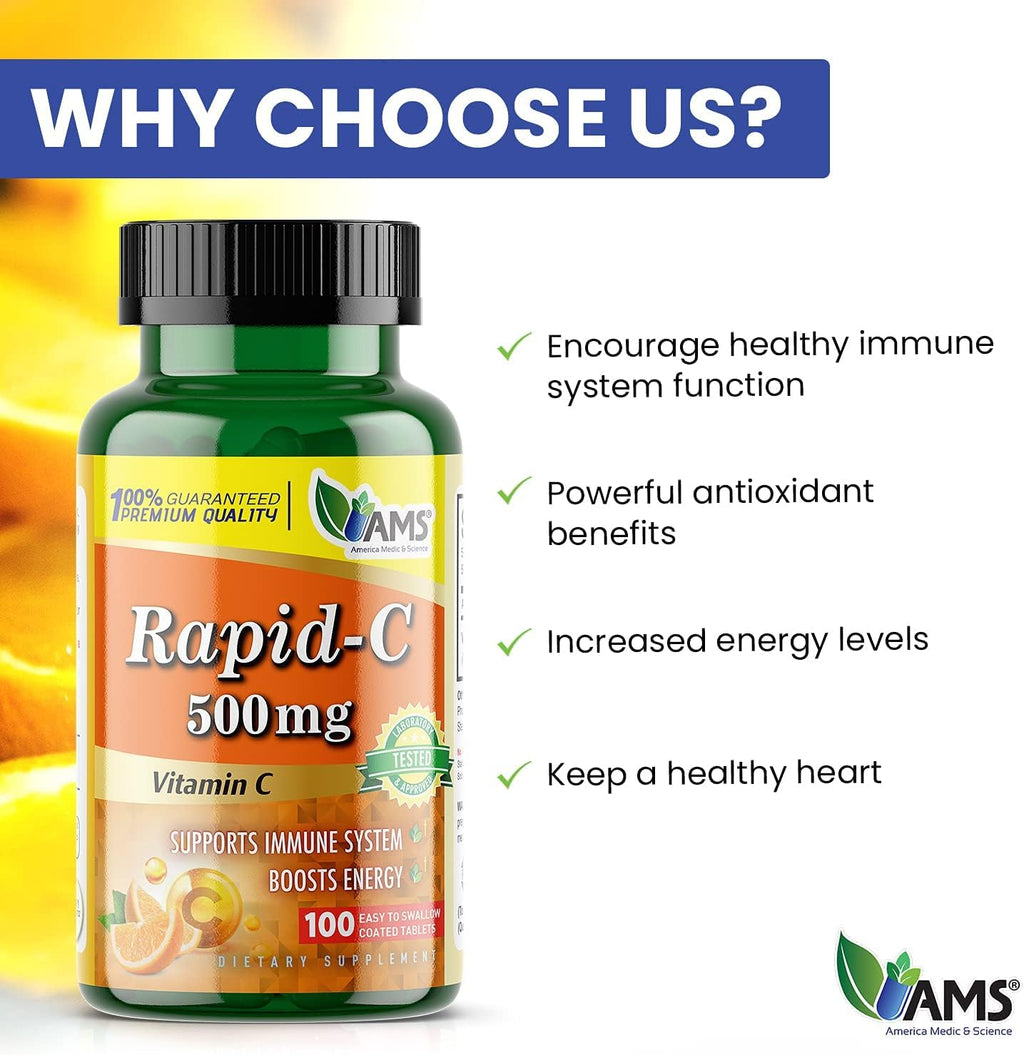 America Medic & Science Rapid-C 500mg de Vitamina C (3 Paquetes de 100 Comprimidos)