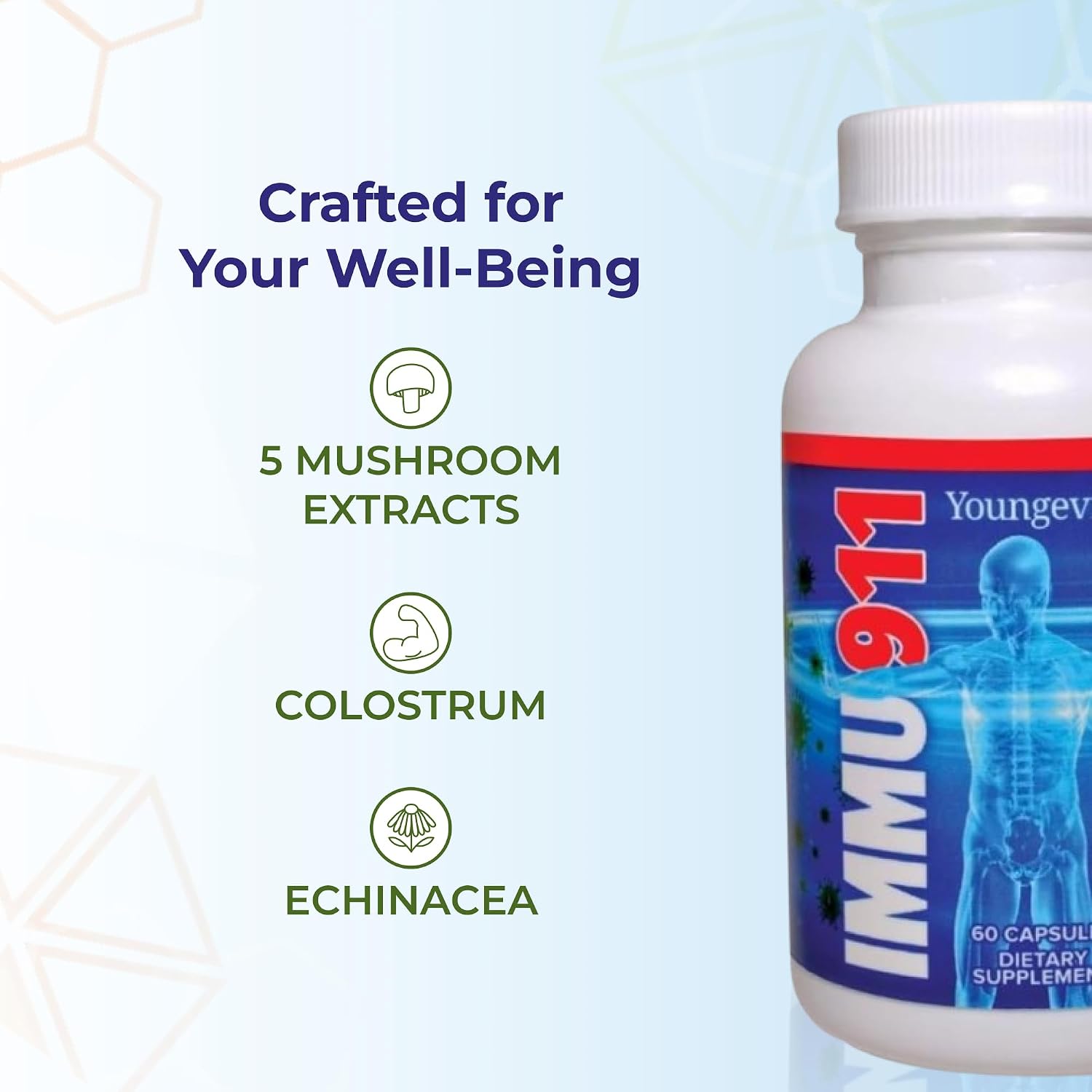 Youngevity Immu-911™ Advanced Immune - Complejo Inmunológico con Colostro, Vitamina C, Zinc, Equinácea, Astrágalo, Corteza de Pau D'Arco y 6 Hongos Micelares (60 Cápsulas)