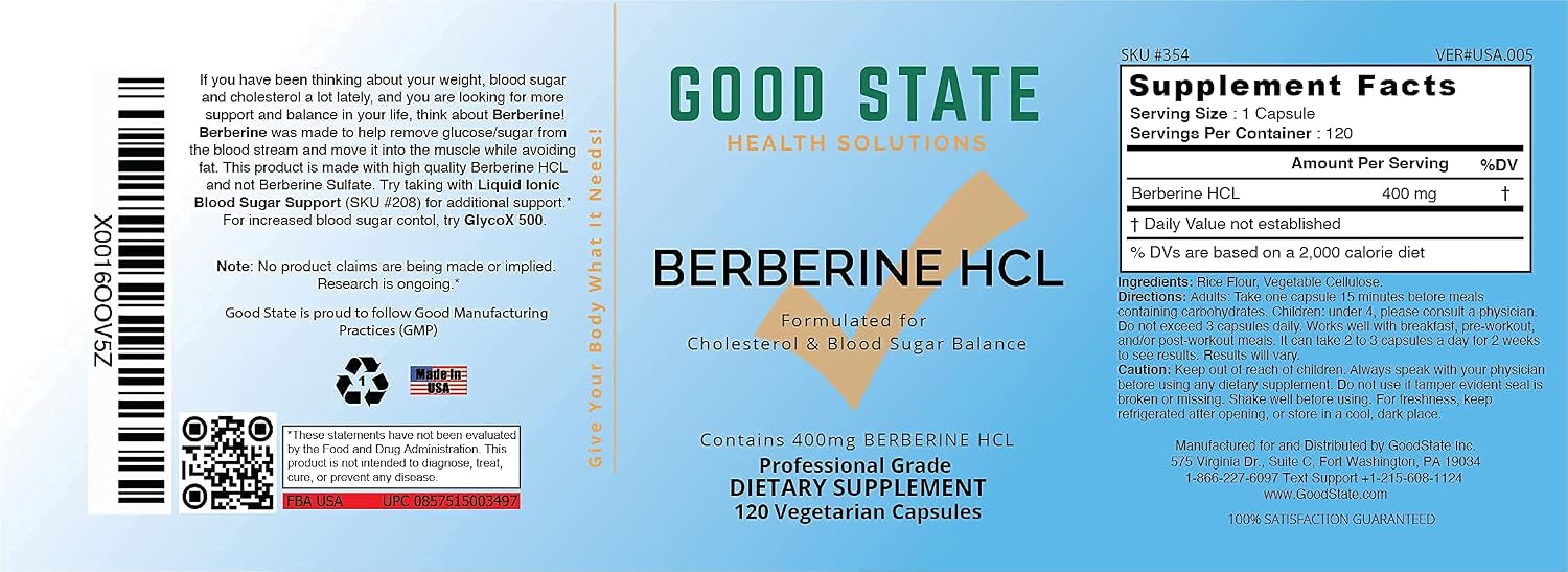 Good State Berberina HCL 400mg, 120 Cápsulas Vegetales