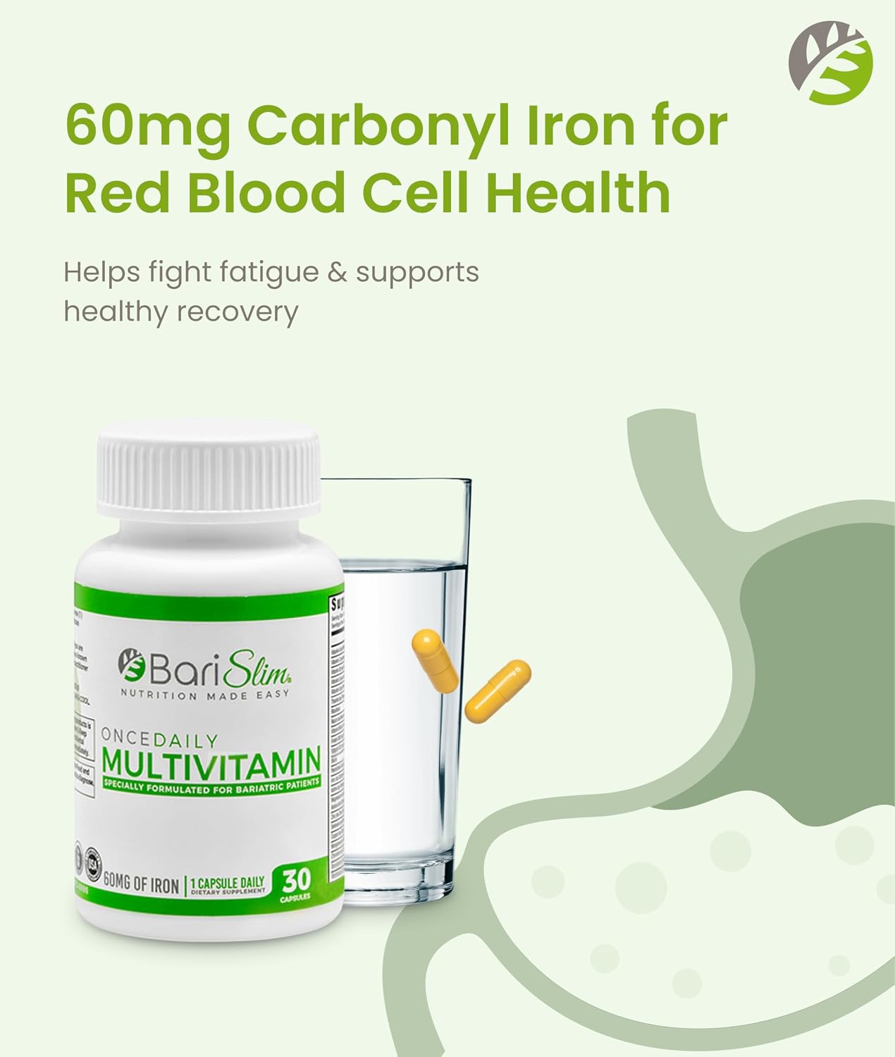BariSlim Once Daily Multivitamínico Bariátrico con Hierro - 60mg de Hierro - 30 Cápsulas