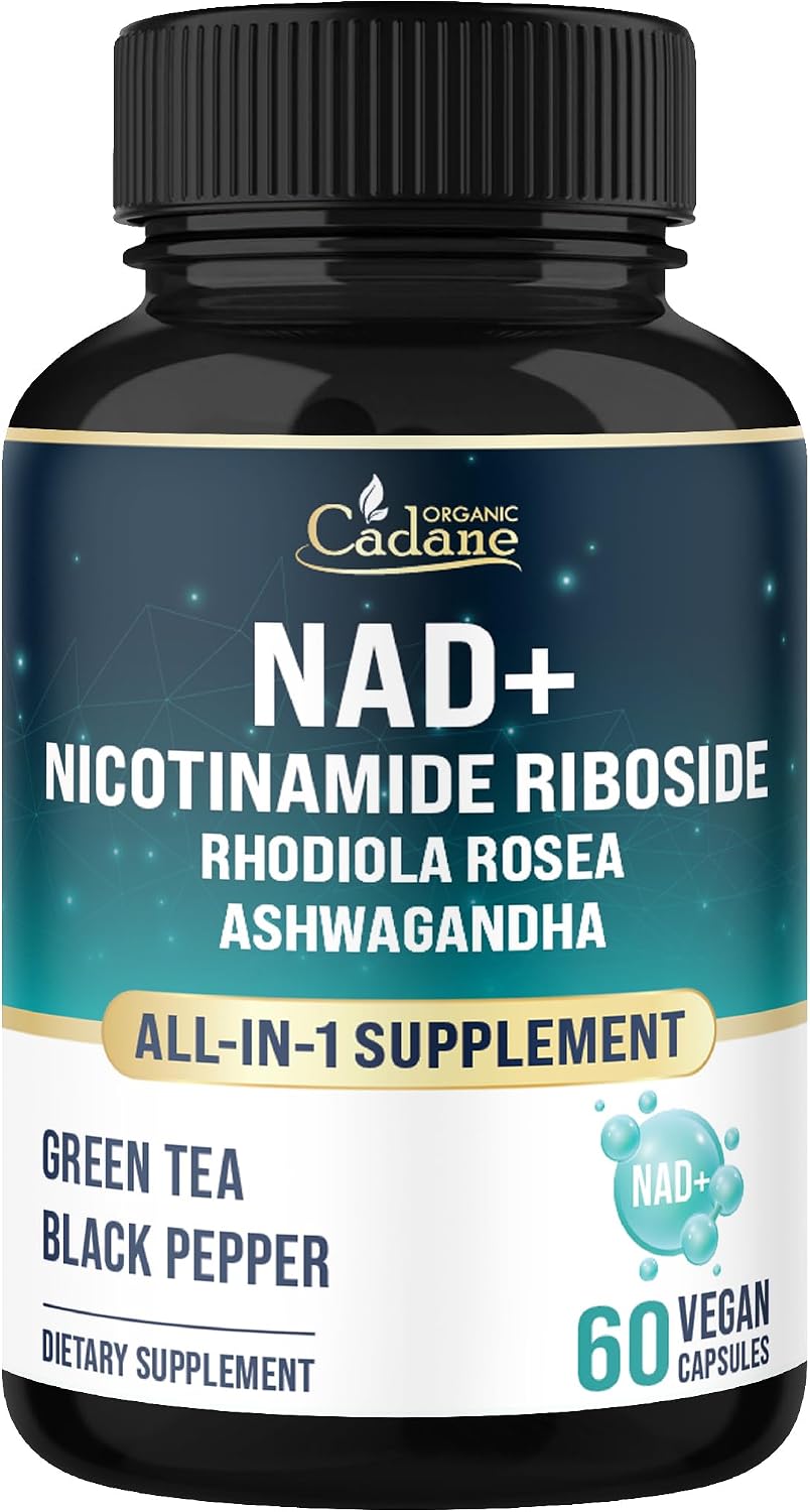 Organic Cadane Suplemento de Nicotinamida Ribósido con Rhodiola Rosea, Ashwagandha, Té Verde y Más | Salud Celular y Vitalidad | Vegano, No OGM – 60 Cápsulas