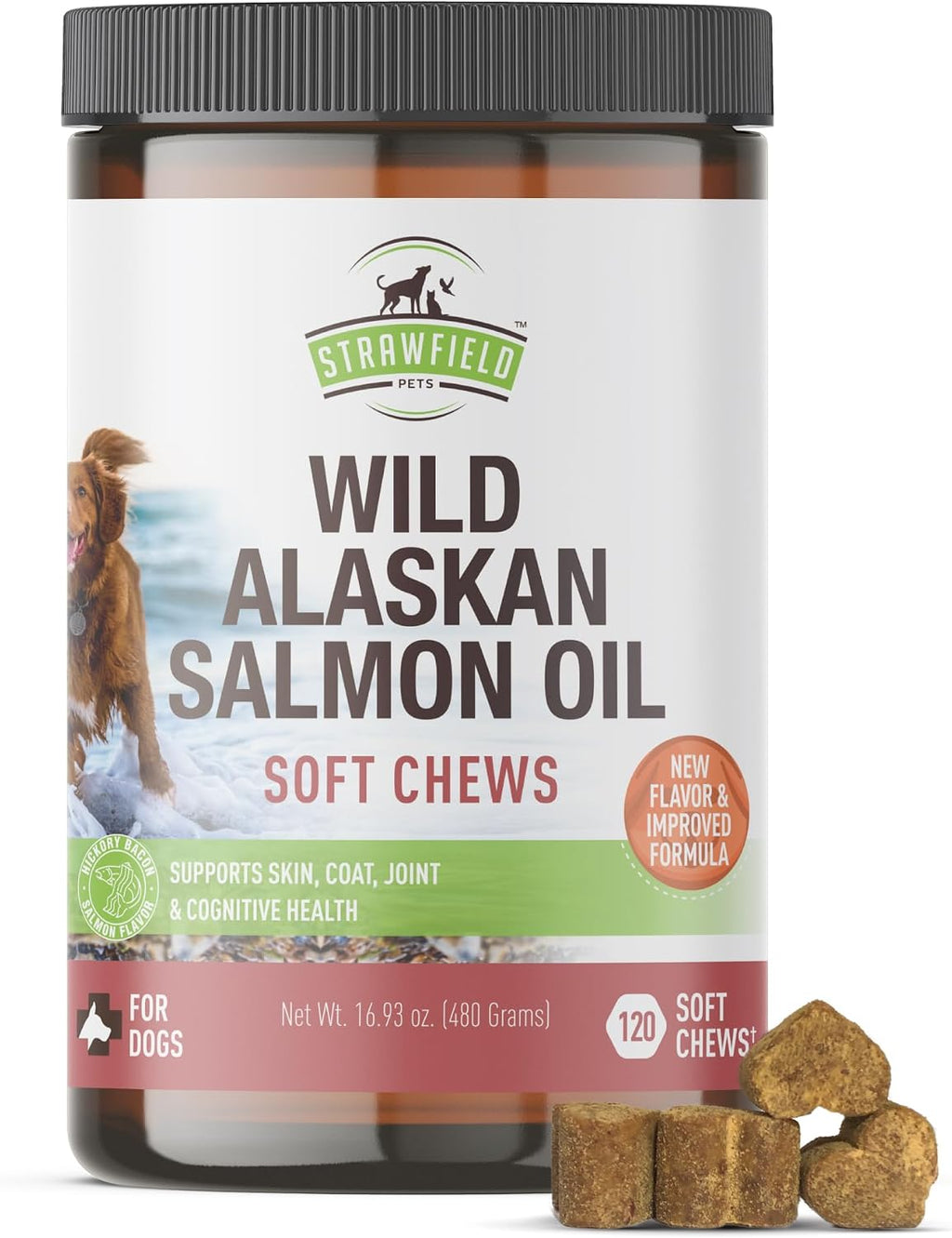 Strawfield Pets Masticables de Salmón para Perros con Omega 3 - Aceite de Salmón Salvaje de Alaska para Piel, Pelaje y Articulaciones