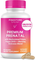 Pink Stork Premium Prenatal - Vitaminas Prenatales con Folato Metilado, DHA de Algas y Hierro