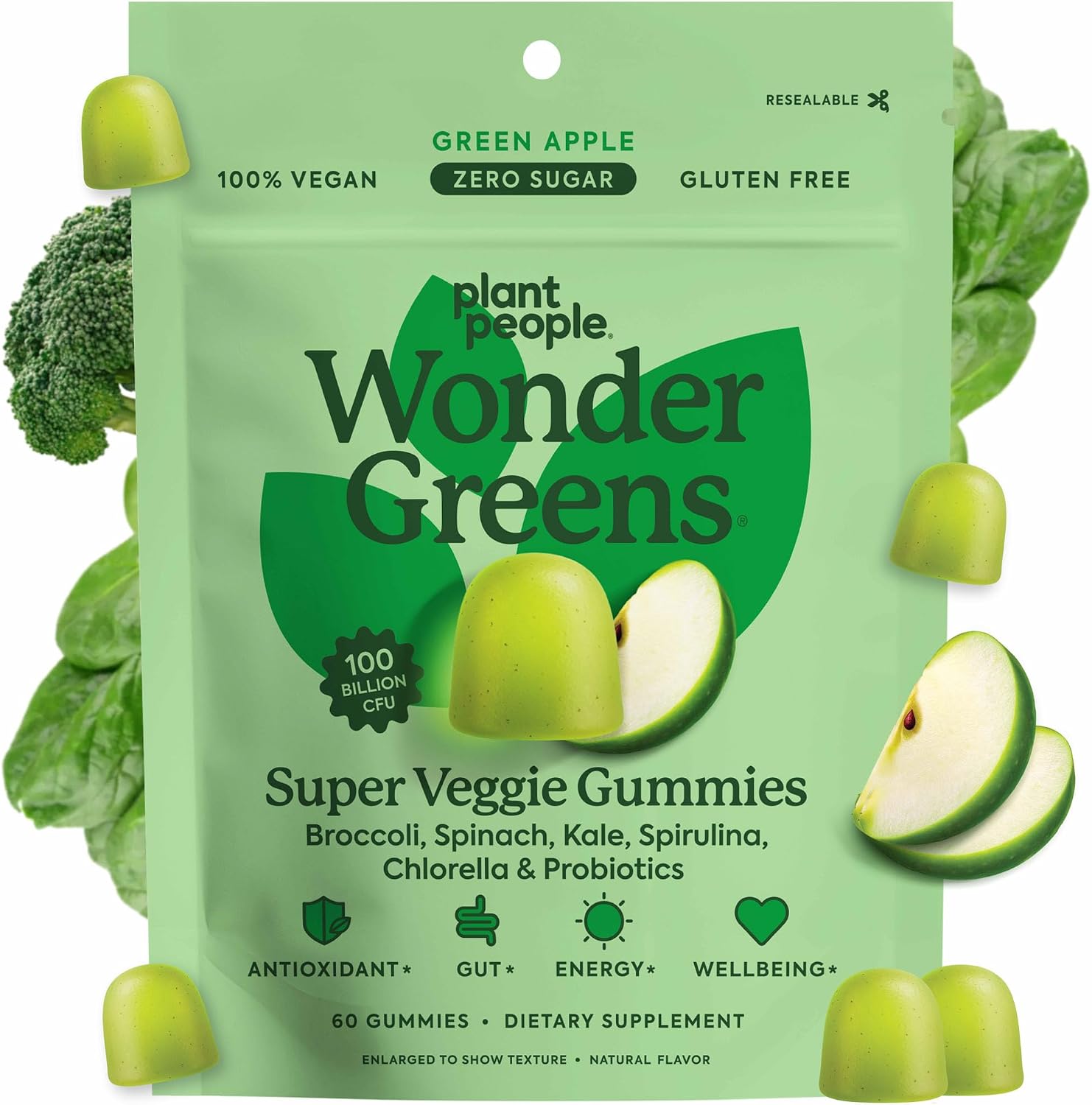 Plant People WonderGreens Gominolas de Super Greens con Probióticos - 60 uds