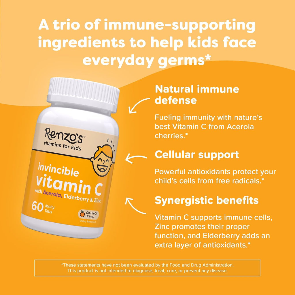 Renzo's Invincible Kids Vitamin C con Saúco y Zinc - 60 comprimidos bucodispersables