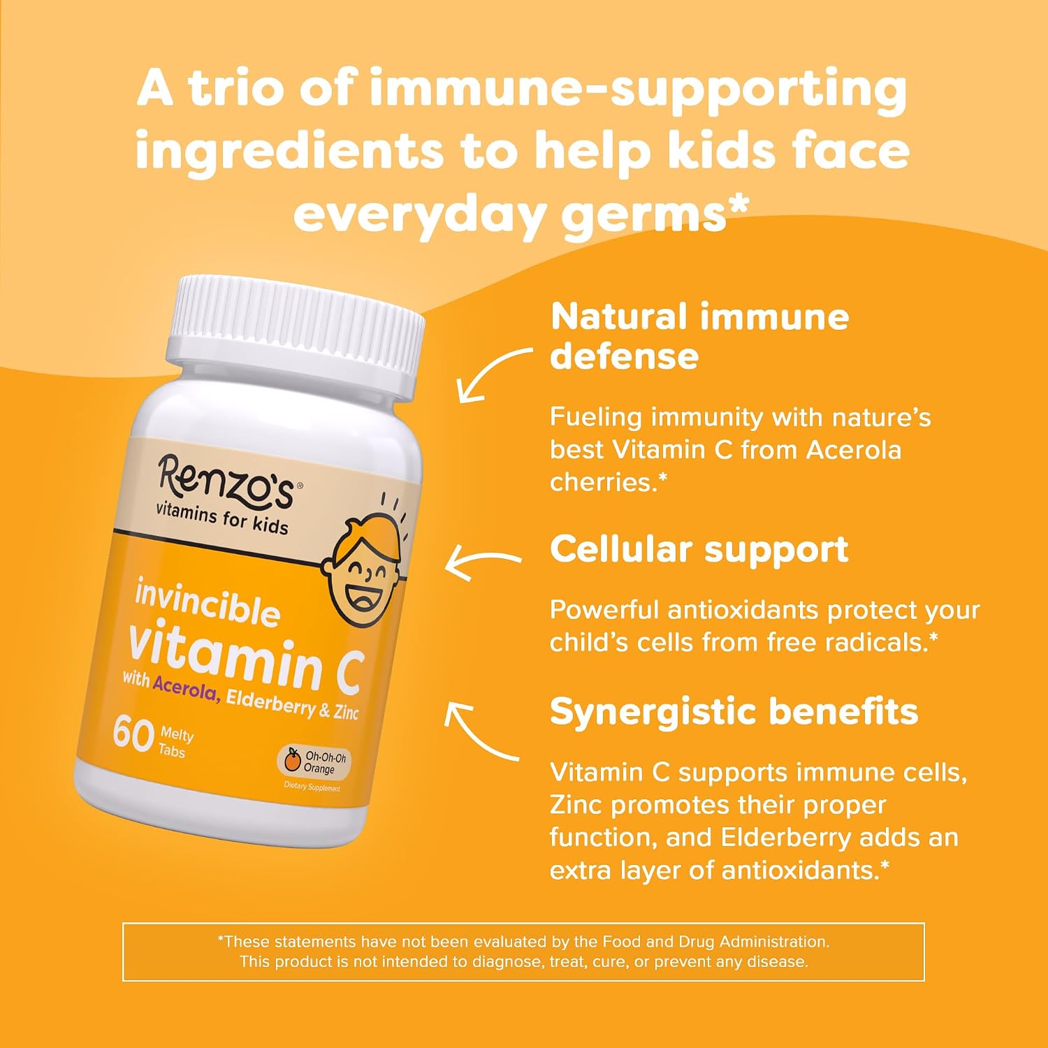 Renzo's Invincible Kids Vitamin C con Saúco y Zinc - 60 comprimidos bucodispersables