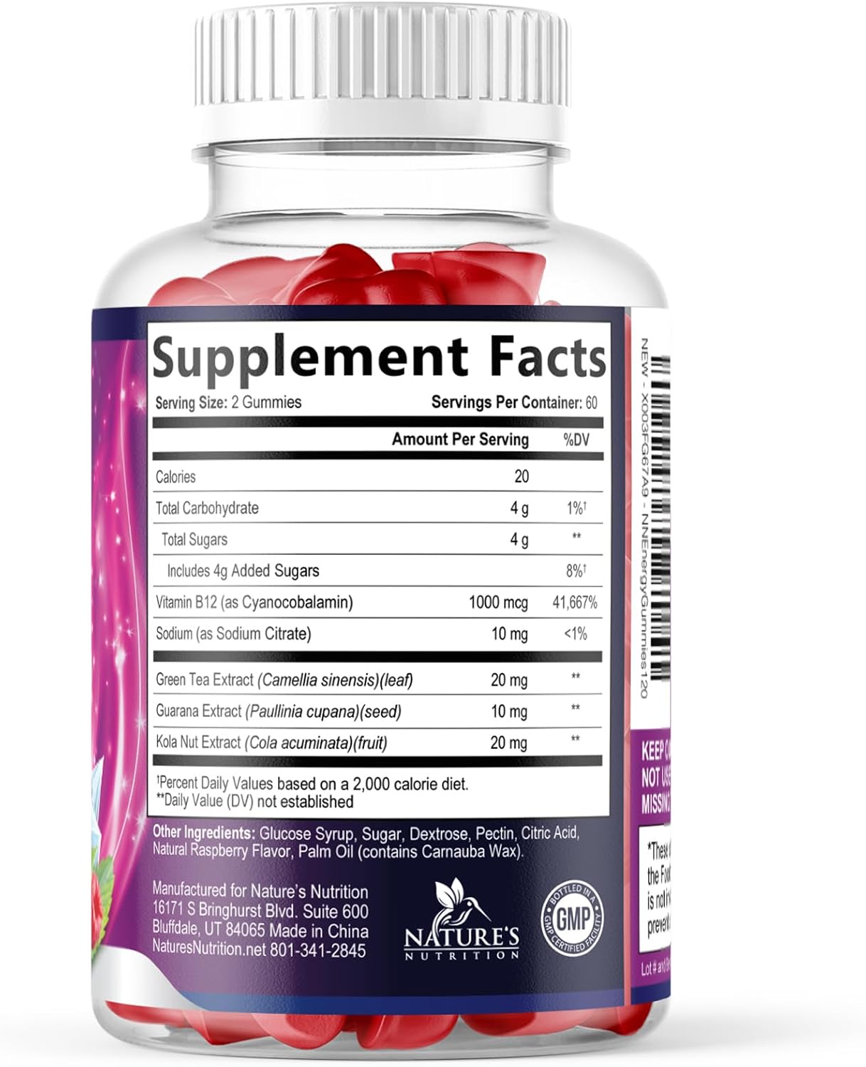 Energy Gummies - Vitamina B12 1000 mcg por ración - Gominolas energéticas diarias con cafeína natural del té verde, sabor a bayas - 120 gominolas