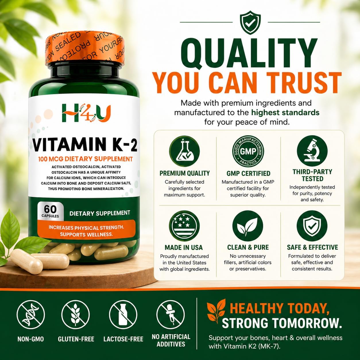 H4U Vitamina K2 MK-7 100 mcg – 60 Cápsulas Veganas | Apoya Huesos y Corazón