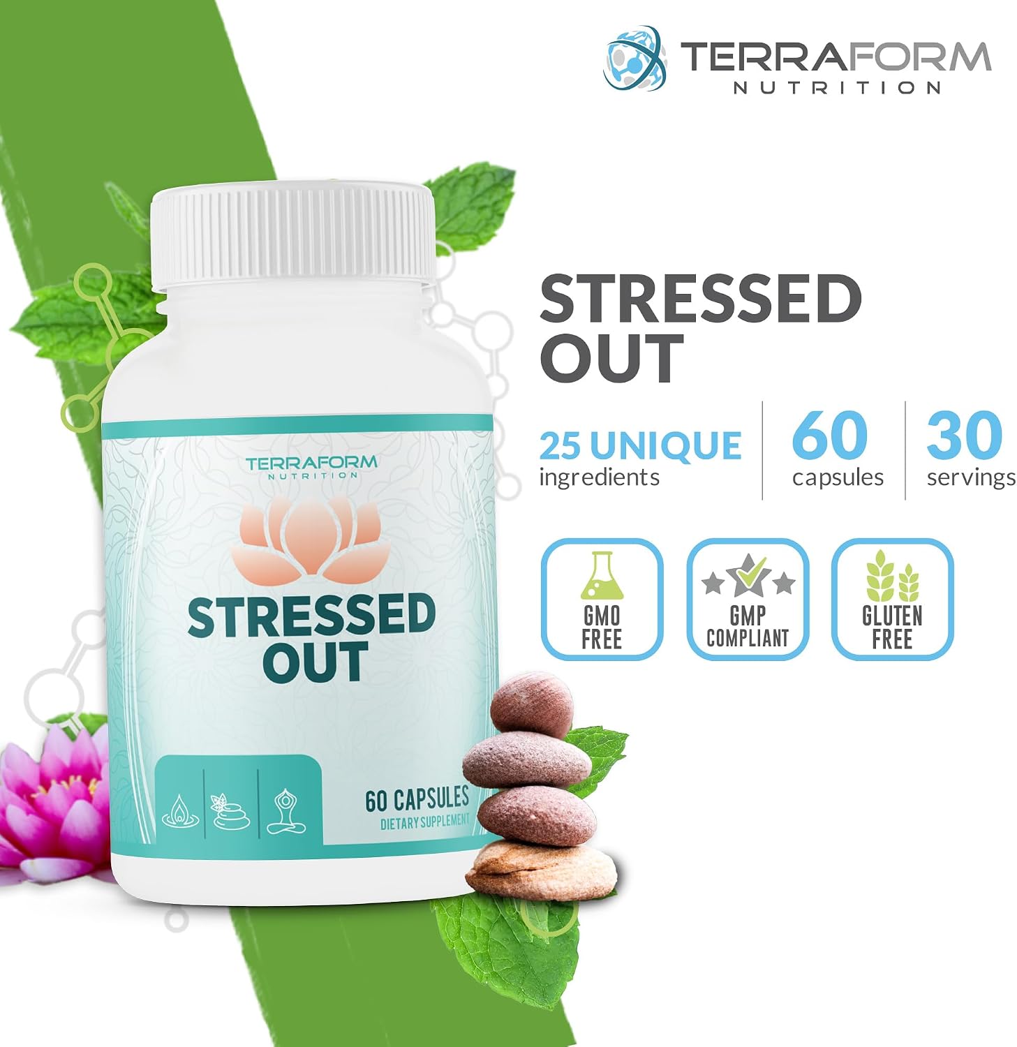 TerraForm Nutrition Stressed Out – Complemento para el enfoque mental y la relajación – 60 cápsulas