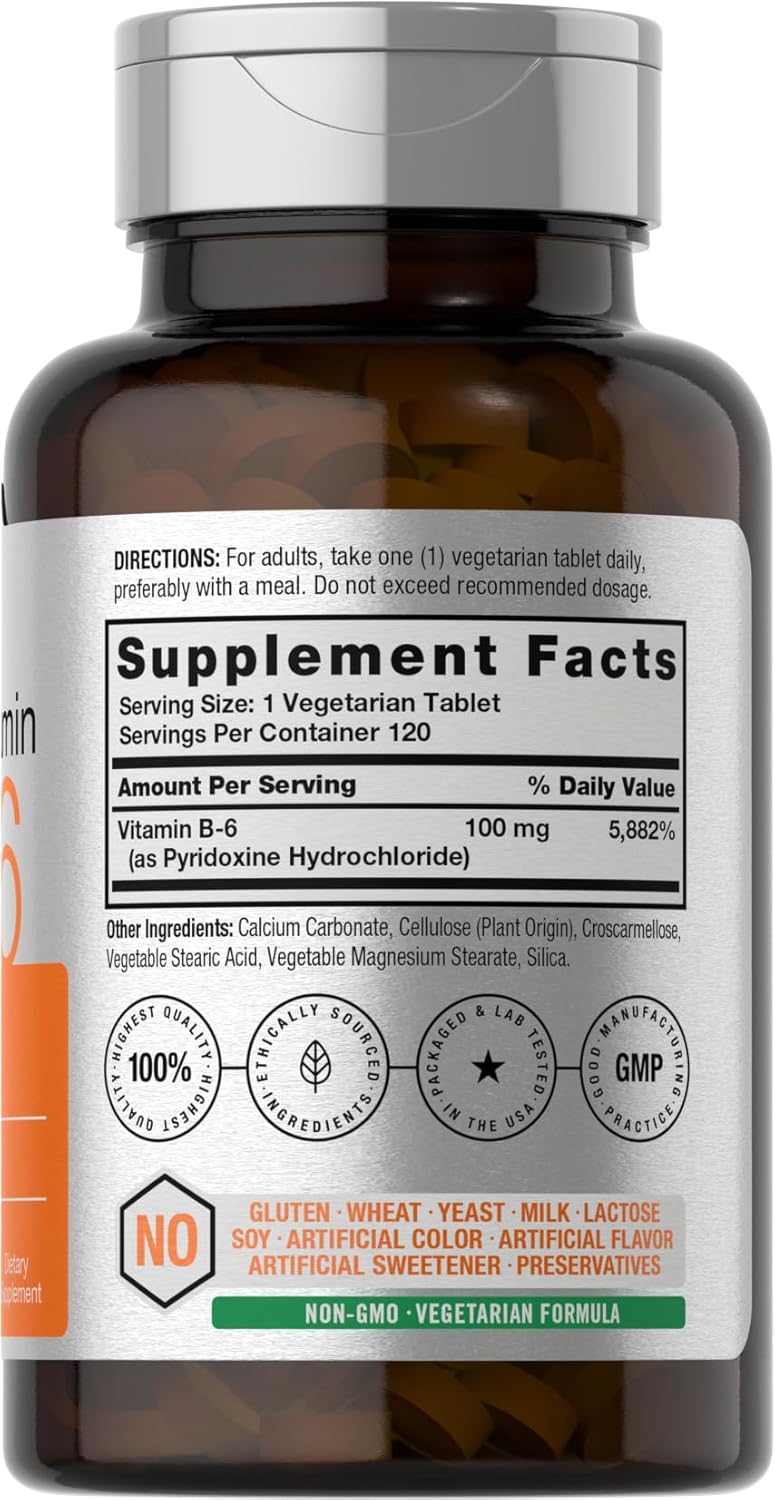 Horbaach Vitamina B6 100 mg | 120 Comprimidos | Piridoxina HCl | Vegetariano, Sin Gluten y Sin OGM