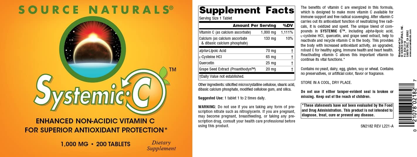 Source Naturals Systemic C, 1000 mg - 200 Tabletas