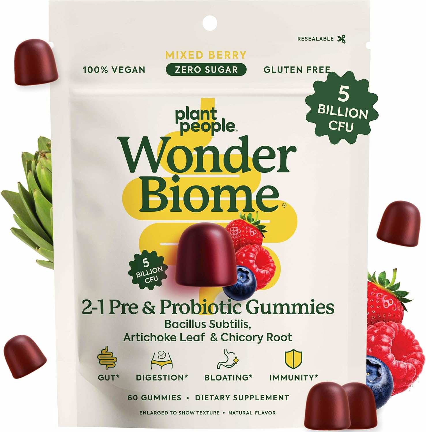 Plant People WonderBiome 2-in-1 Prebiótico + Probiótico en Gomas – Sin Azúcar Vegano – 60 Unidades