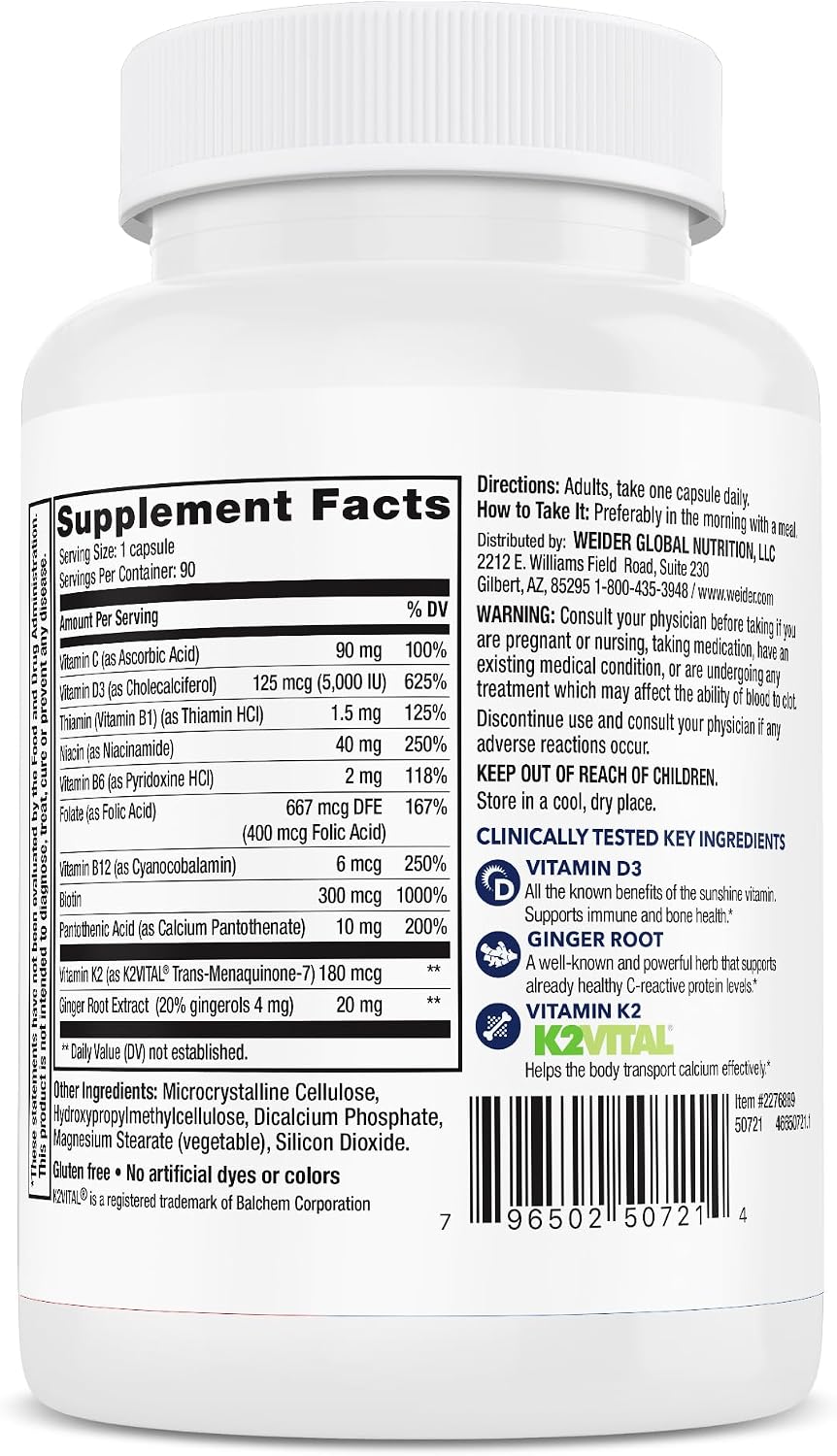 Weider Artery Health - Vitamina D3 (5000 UI) y K2 (180 mcg), 90 Cápsulas Vegetales