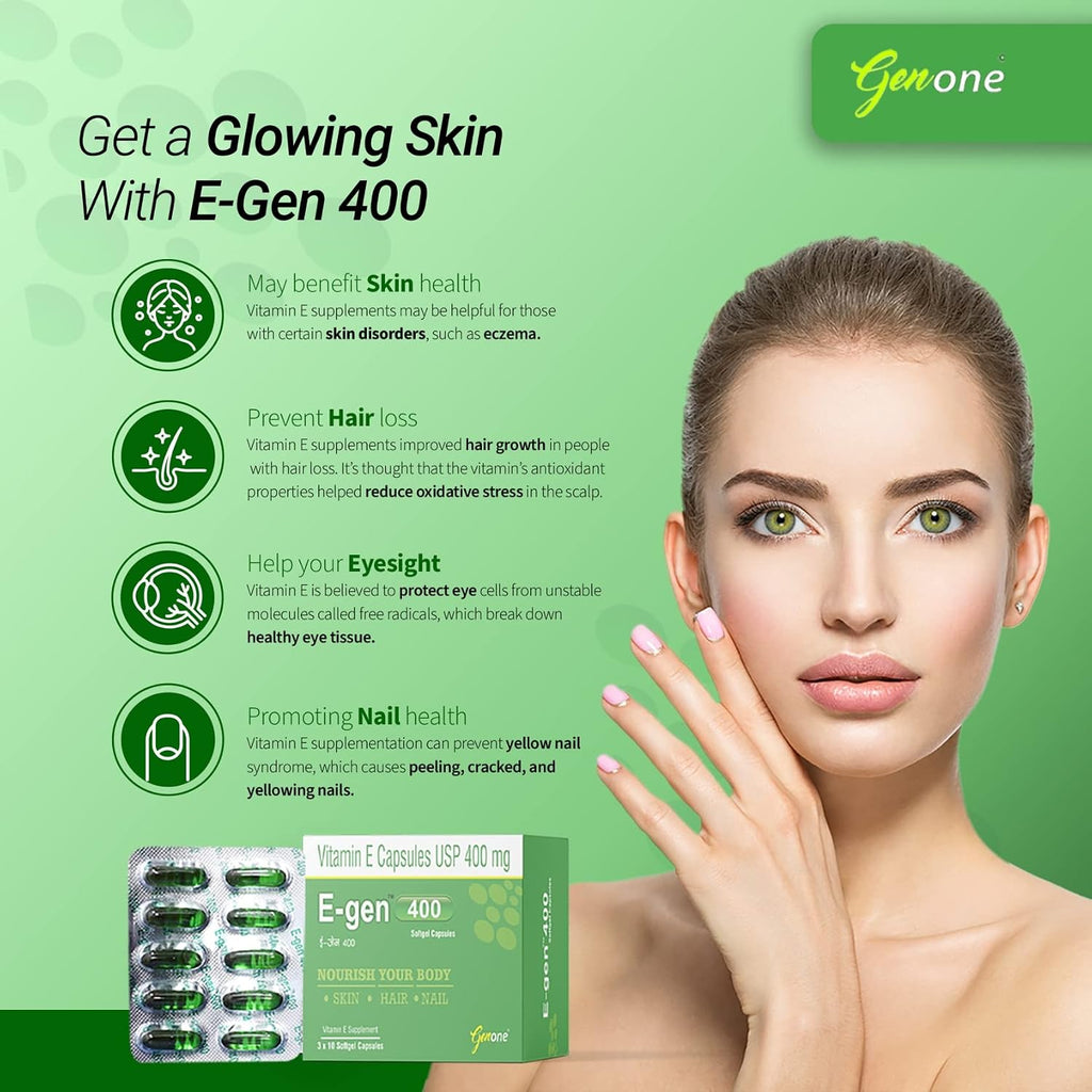 genone E-Gen 400 Vitamin E Capsule for Glowing Face, Skin and Hair Nutrition (30 Capsules)