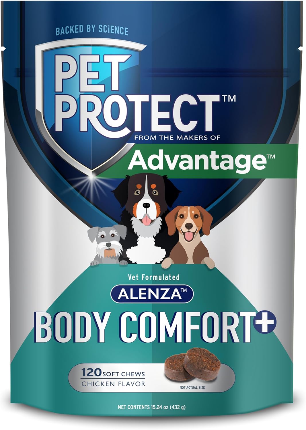 Pet Protect Suplemento Body Comfort+ para Perros, Formulado por Veterinarios con Alenza, Apoya la Respuesta Inflamatoria Normal, Snacks Blandos Sabor a Pollo (120 Unidades)