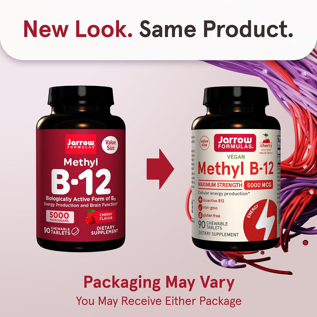 Jarrow Formulas Vitamina B12 5000 mcg - Metilcobalamina Activa, 90 Comprimidos Masticables Sabor Cereza