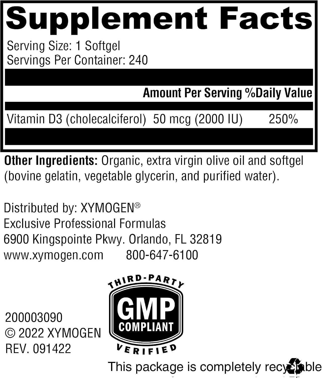 XYMOGEN D3 2000 - Vitamina D3 2000 UI (50 mcg) - 240 Cápsulas Blandas