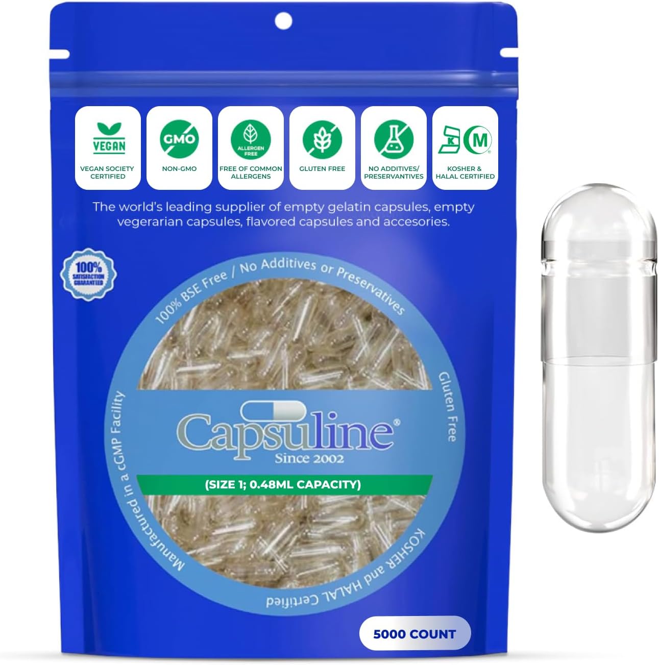 Capsuline Cápsulas Veganas Vacías Tamaño 1 - 5000 Unidades - Cápsulas Vegetales Transparentes para DIY - Certificadas Kosher, Halal y No GMO