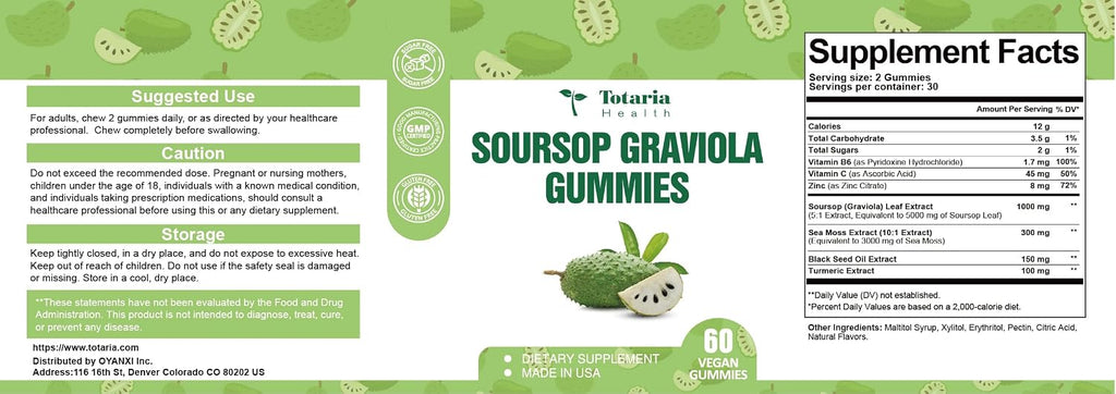 Totaria Sugar Free Soursop Oil Graviola Sea Moss Gummies - Apoyo Digestivo, Sueño, Piel, Inmunidad y Antioxidante - Guanábana con Musgo Marino, 150mg Aceite de Semilla Negra Orgánico No-OGM Vegano