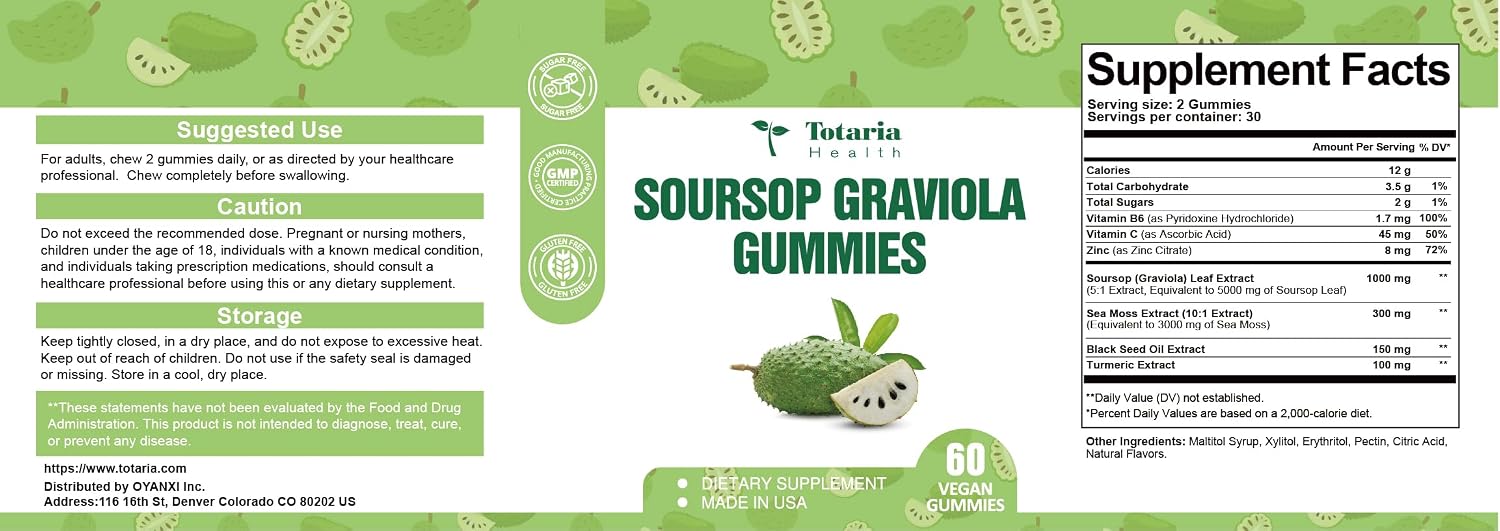 Totaria Sugar Free Soursop Oil Graviola Sea Moss Gummies - Apoyo Digestivo, Sueño, Piel, Inmunidad y Antioxidante - Guanábana con Musgo Marino, 150mg Aceite de Semilla Negra Orgánico No-OGM Vegano