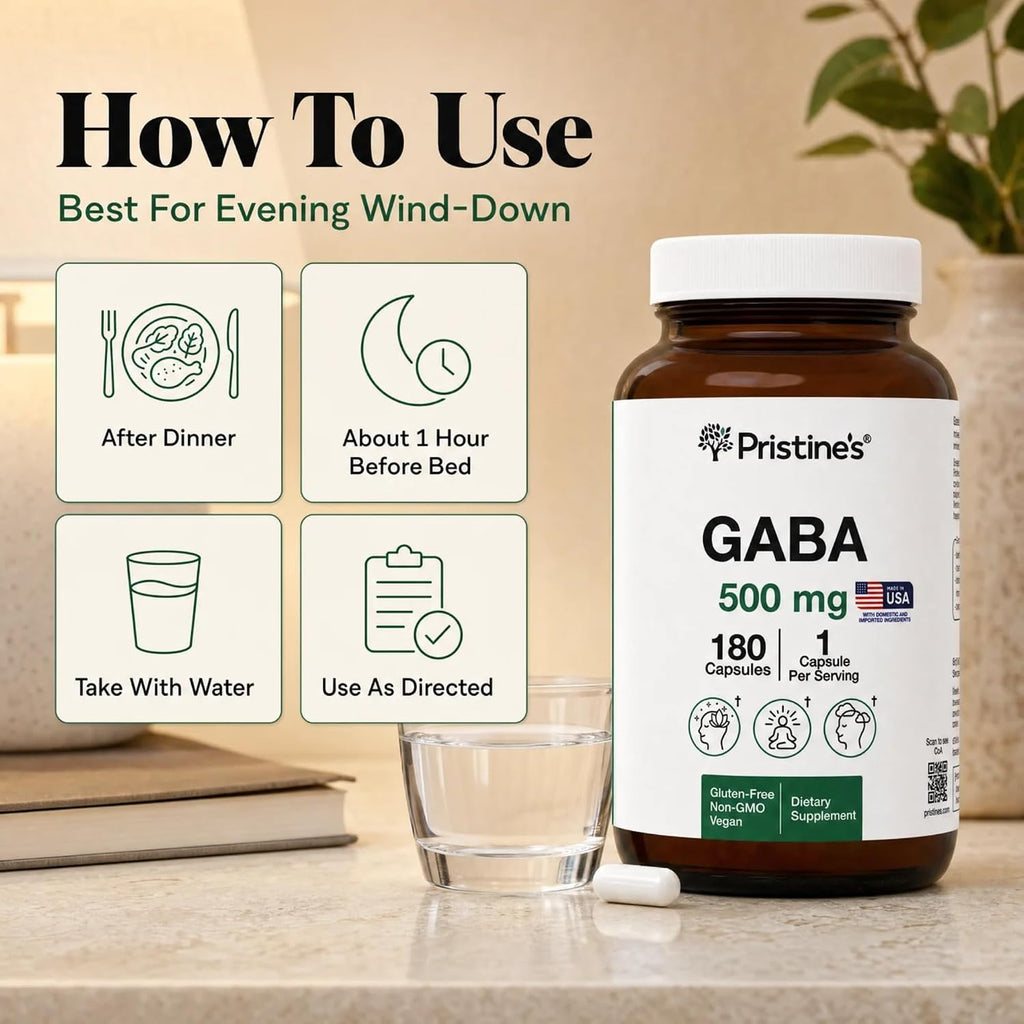PRISTINE'S GABA 500mg - Apoyo al Sueño y Relajación - 180 Cápsulas