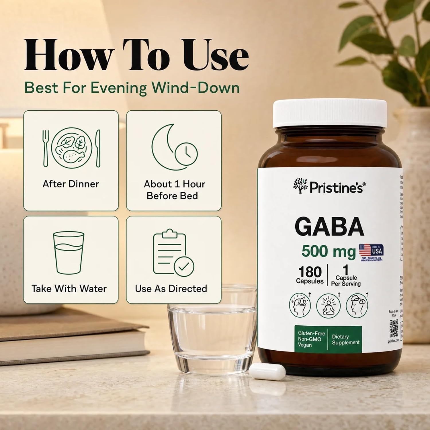 PRISTINE'S GABA 500mg - Apoyo al Sueño y Relajación - 180 Cápsulas