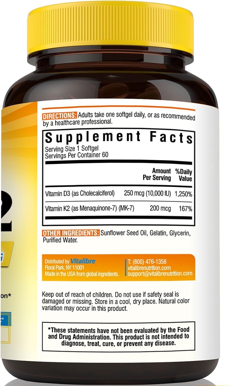 Vitalibre Vitamina D3 K2, 10000 UI D3 / 200 mcg K2 MK-7, Absorción de Calcio, Huesos, Corazón e Inmunidad, Sin Soja, 60 Cápsulas Blandas