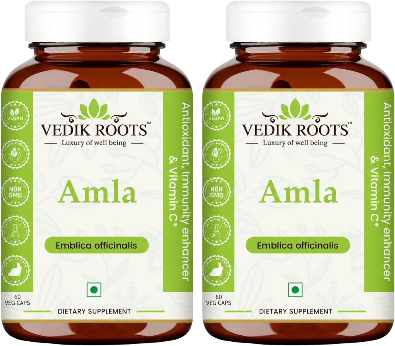 VEDIKROOTS Cápsulas de Amla 100% Orgánicas - Fuente Natural de Vitamina C - Complemento Alimenticio Herbal (60 Cápsulas, Pack de 2)