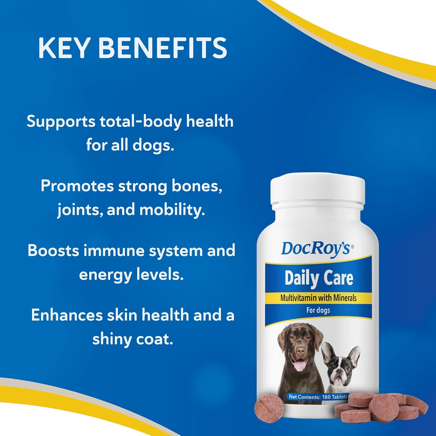 Doc Roy’s Daily Care Multivitamínico para Perros, 180 Comprimidos Masticables con 34 Vitaminas y Minerales Esenciales