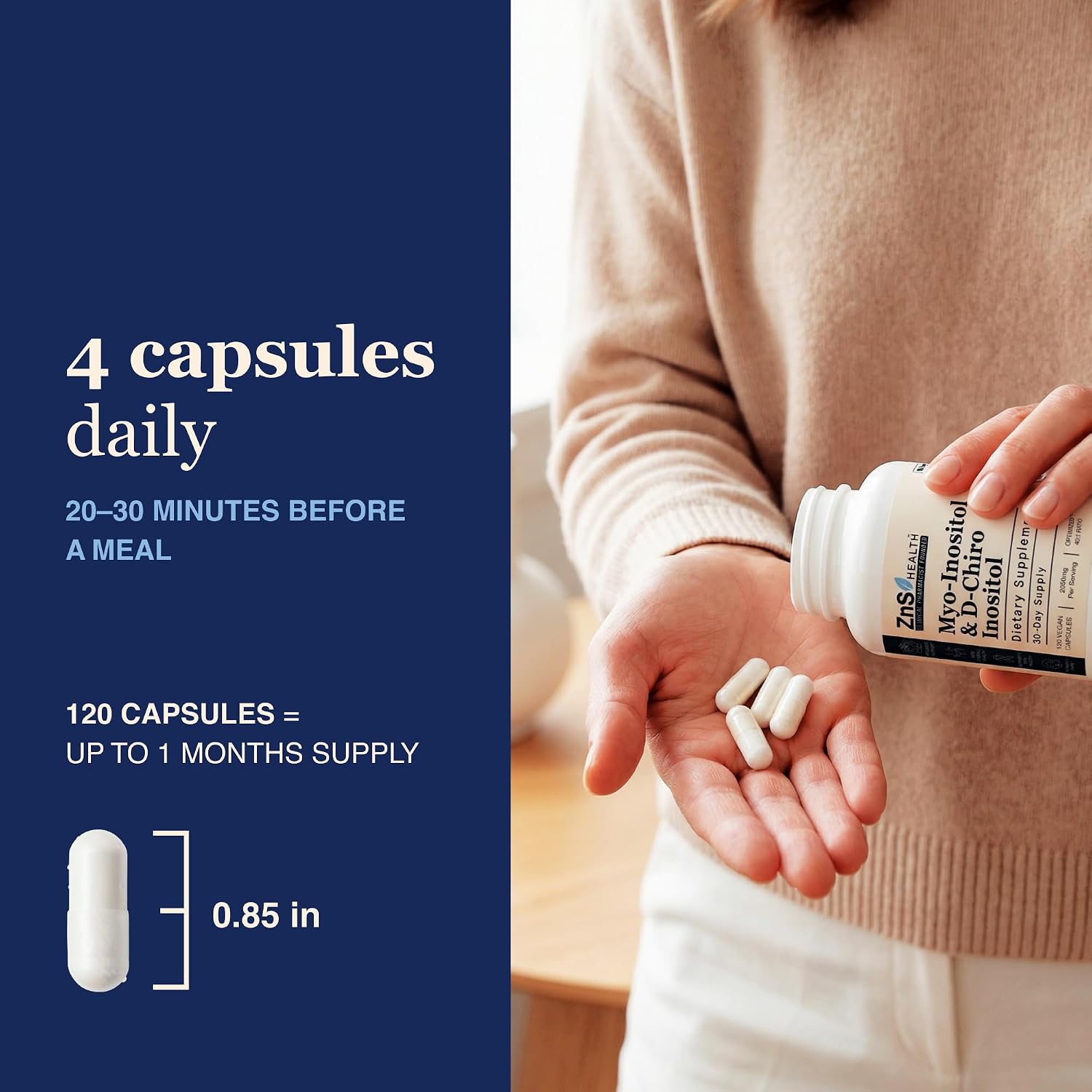 ZnS Myo-Inositol y D-Chiro Inositol - Complemento para Mujeres - Fórmula 40:1 - 120 Cápsulas (30 Días)