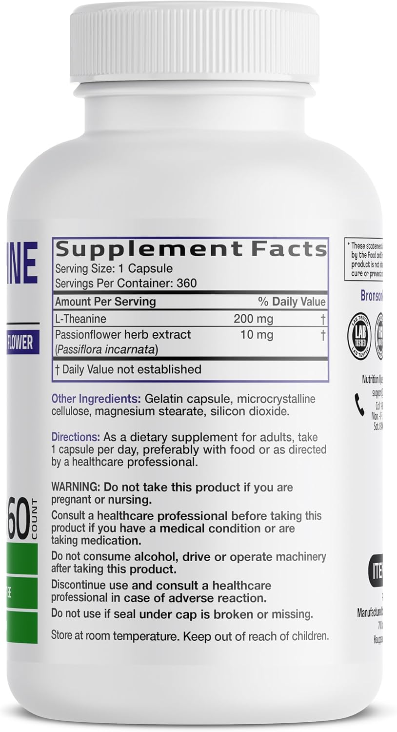 Bronson L-Teanina 200mg (Doble Concentración) con Pasiflora - 360 Cápsulas
