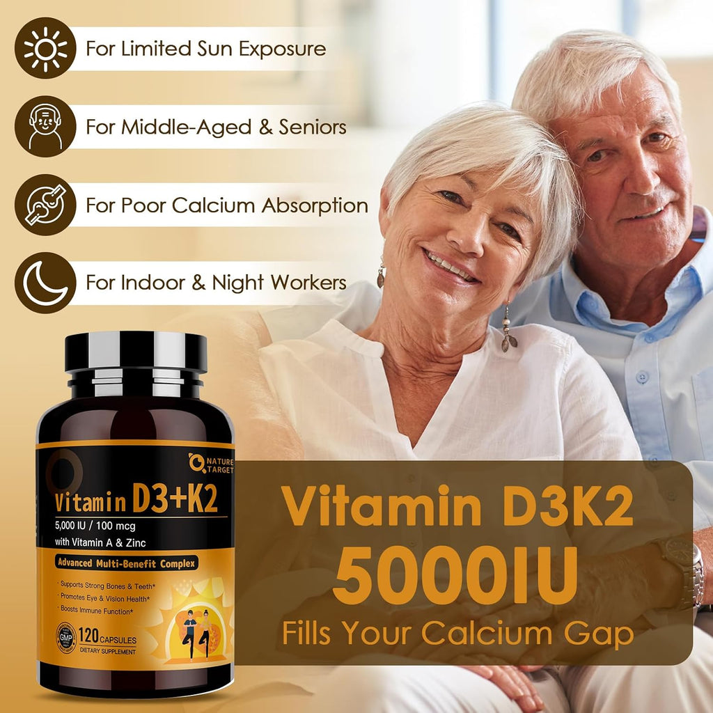NATURE TARGET Complejo Vitamina D3 K2 con A, E y Zinc - 5000 UI, 100 mcg - 120 Cápsulas