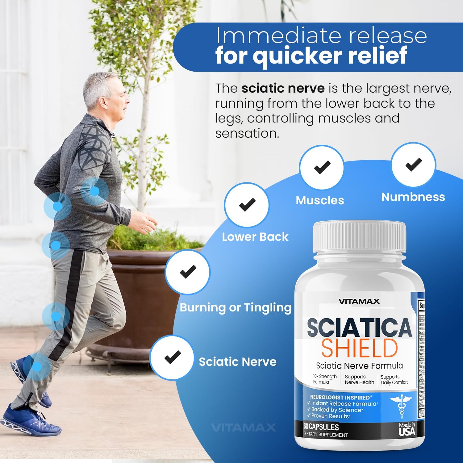 Sciatic Nerve Health Support Supplement – Fórmula Avanzada 10x con Ácido Alfa Lipoico, Ácido Fólico, Cúrcuma, Glucosamina, MSM y Complejo Vitamínico B – 60 Cápsulas