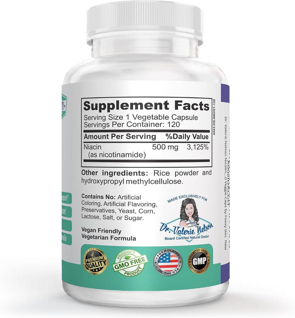 Nicotinamida 500 mg - Vitamina B3 para Energía y Salud Celular - Sin Rubor - 120 Cápsulas Veganas por Dr. Valerie Nelson