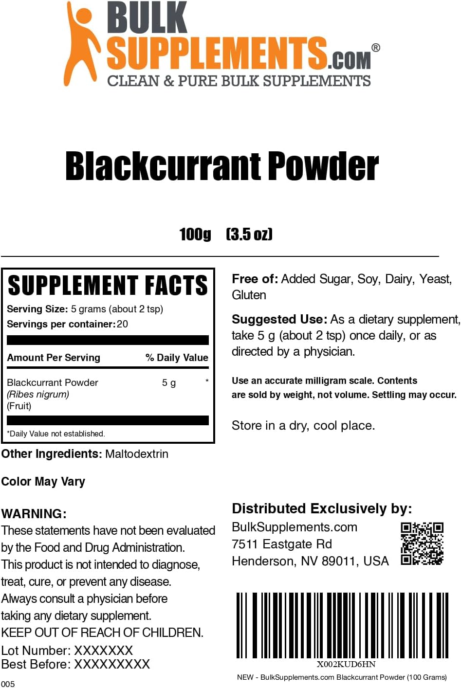 Polvo de Grosella Negra - Suplemento Superfood, Secado al Aire y Sin Gluten, 5g por ración, 100g