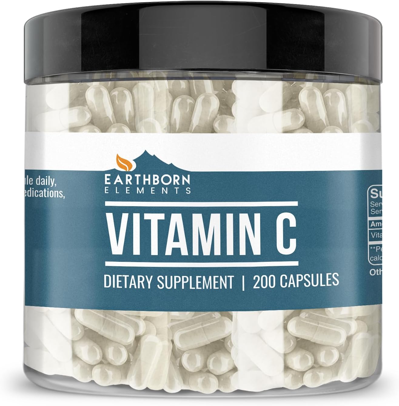 Earthborn Elements Vitamina C 200 Cápsulas, Pura y Sin Diluir, Sin Aditivos