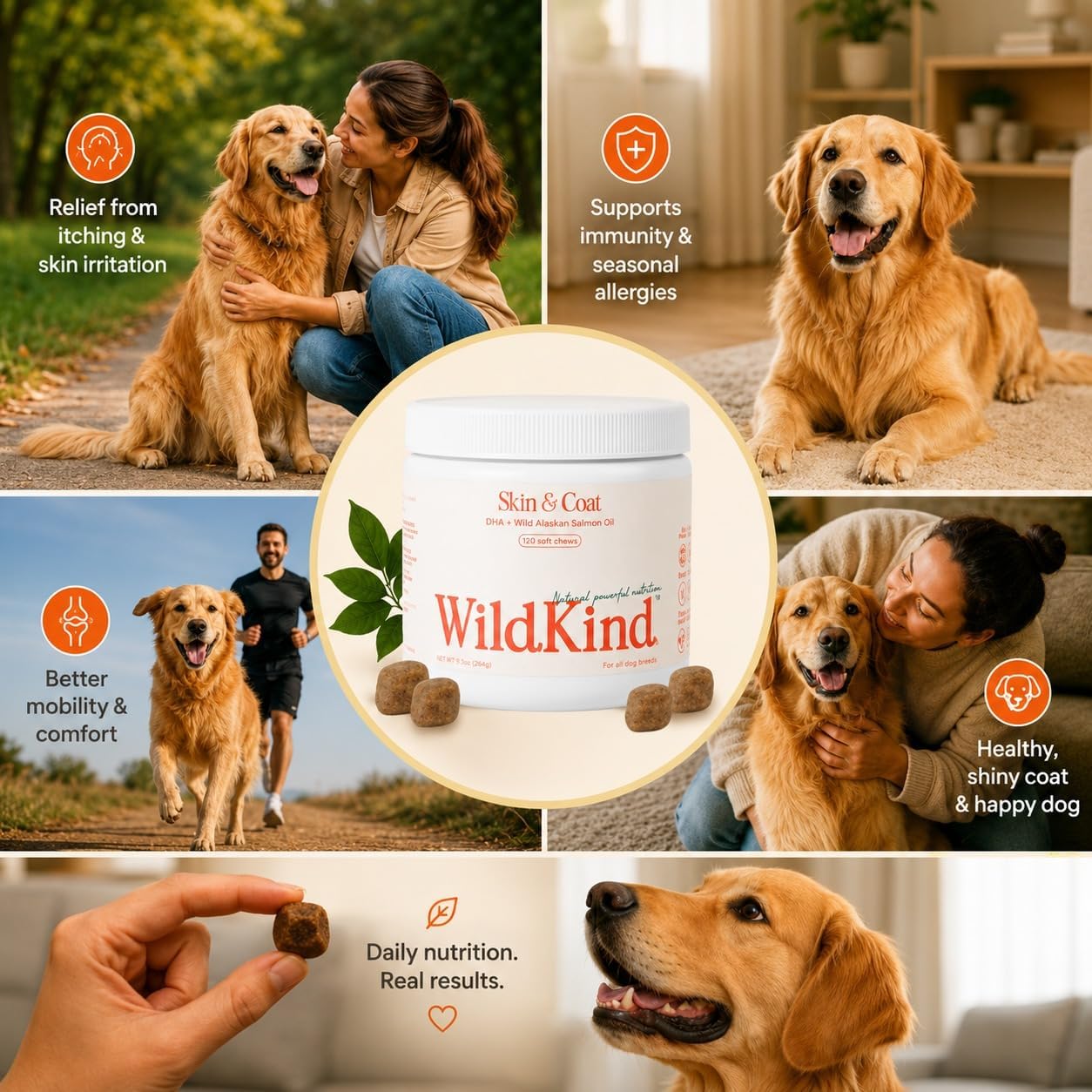 Wildkind Masticables para Alergias Caninas – Aceite de Salmón de Alaska, 120 uds.