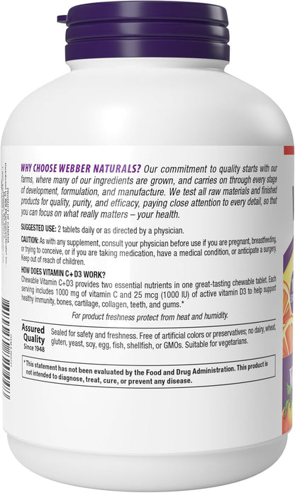 Webber Naturals Vitamina C + D3 Masticable, 200 Comprimidos - Sabor Naranja Natural, 1000 mg de Vitamina C y 1000 UI de Vitamina D3 por Dosis