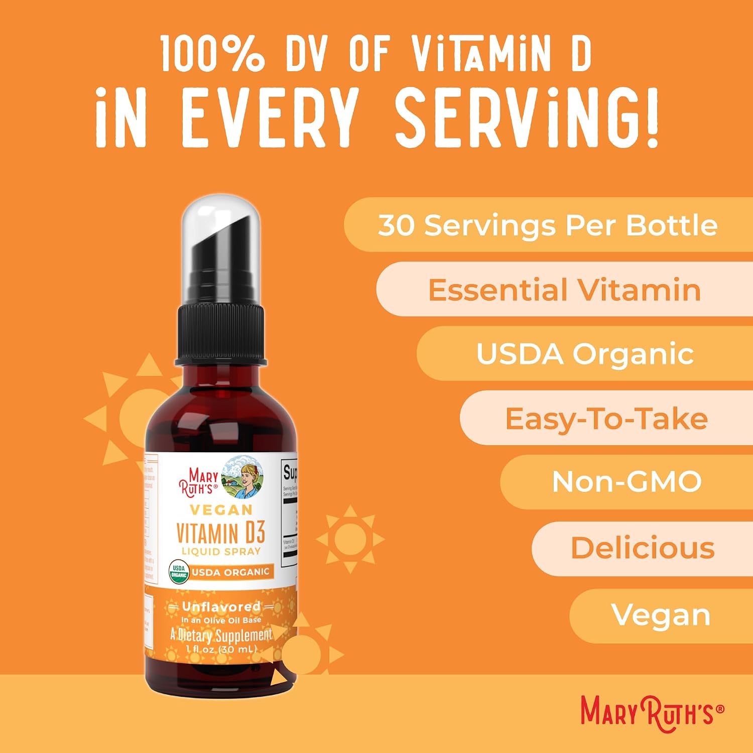 MaryRuth Organics Vitamina D3 Spray Vegano Orgánico - 30 Servicios