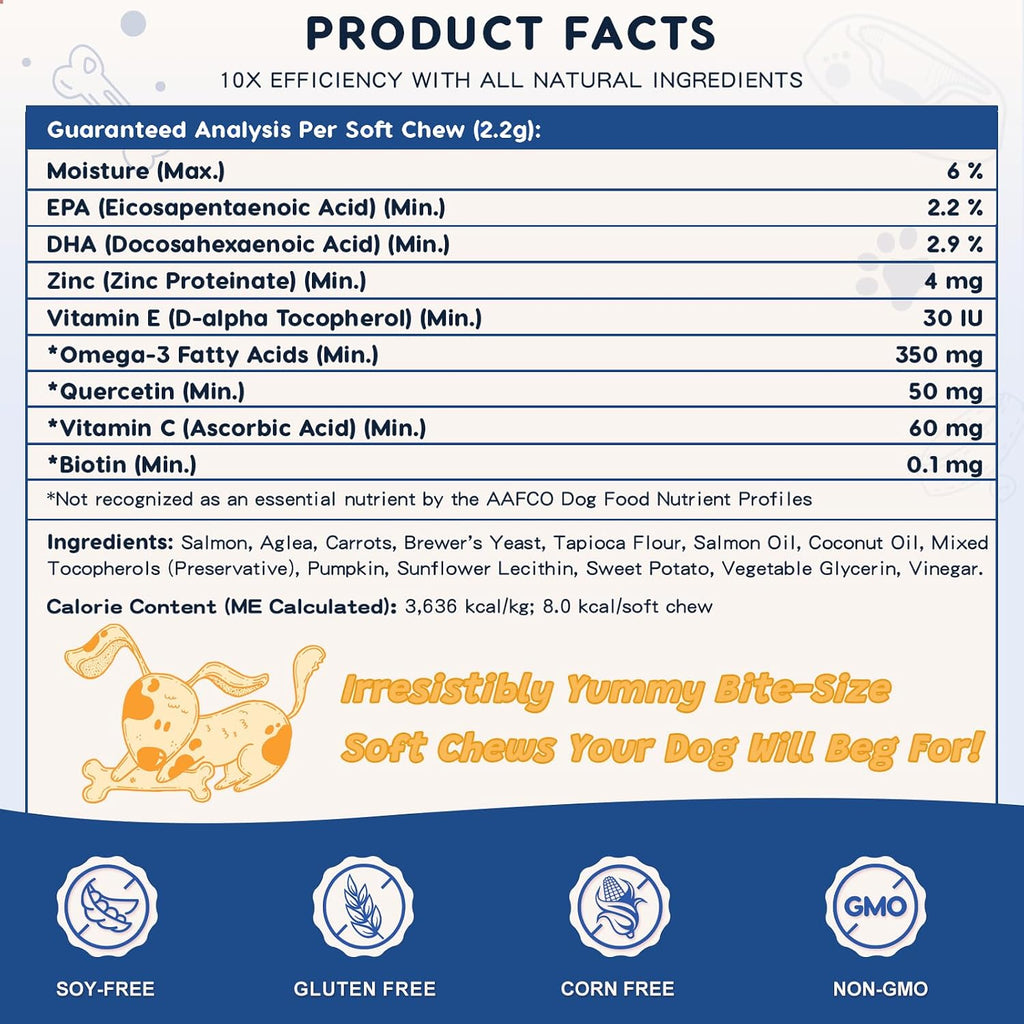 ZEBORA Aceite de Salmón para Perros – Snacks Blandos con Omega 3 6 9, EPA, DHA, Vitaminas C y E – Apoyo para Piel y Pelaje – 120 Unidades