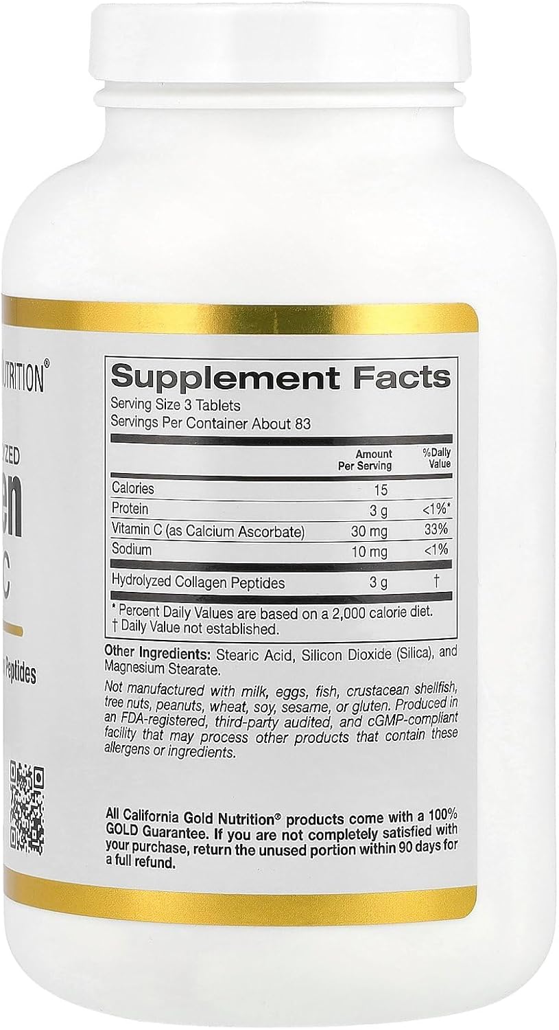 California Gold Nutrition, Péptidos de Colágeno Hidrolizado Tipo I y III con Vitamina C, 250 Comprimidos
